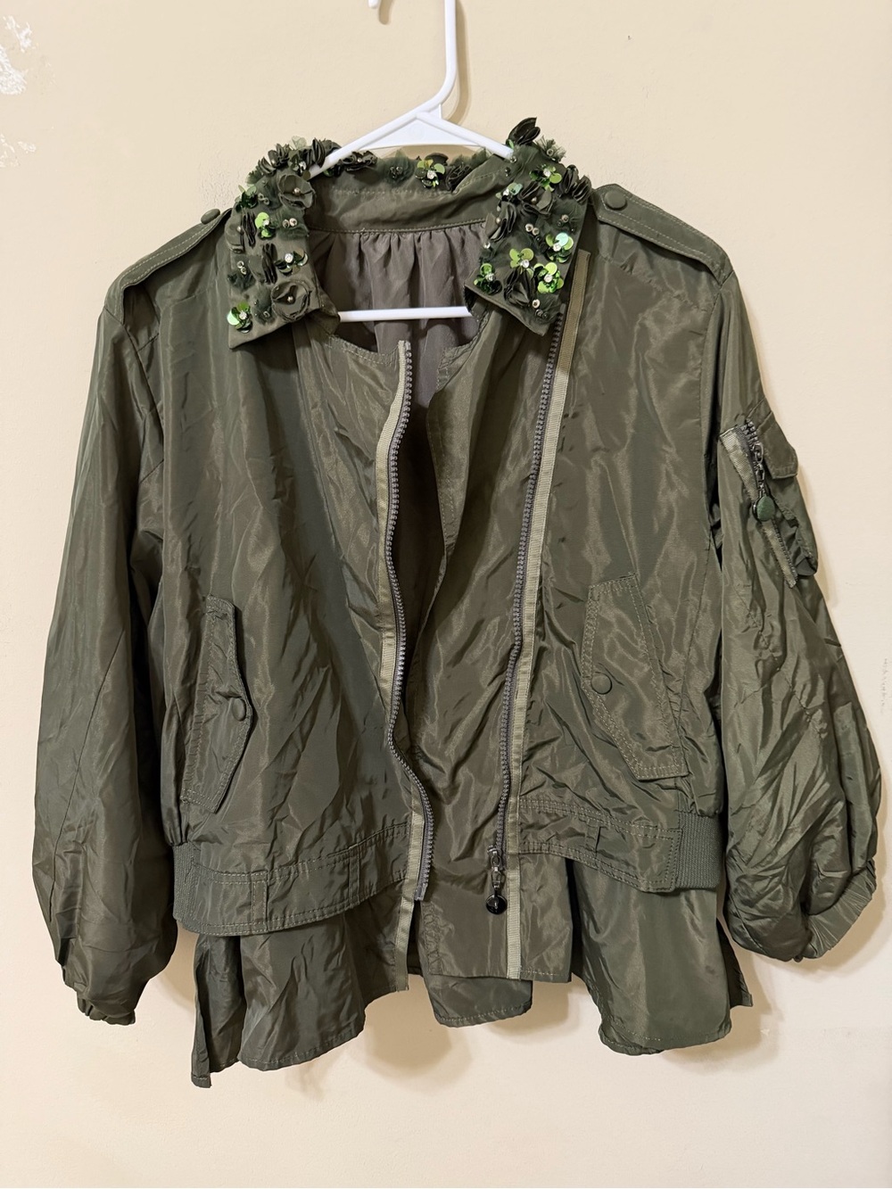 Prada Olive Green Embellished Collar Bomber Jacket women’s 6 fabulous